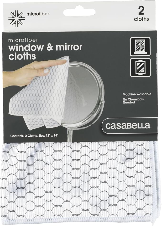 Casabella Lint-Free Microfiber Glass and Mirror Cleaning Cloths, White/Black (Set of 2)