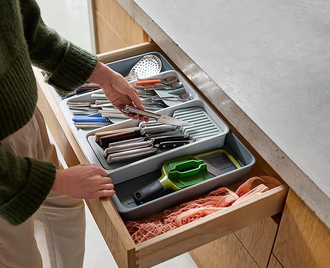 Joseph Joseph DrawerStore Expanding Tiered Flatware Cutlery Tray with Knife Organizer, Expandable In-Drawer Space-Saving Kitchen Storage, Recycled Plastic
