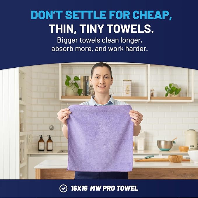 MW Pro Microfiber Cleaning Cloth | Purple | 12 Pack | 16” x 16” | All Purpose Microfiber Towels - Clean, Dust, Polish, Scrub, Absorbent