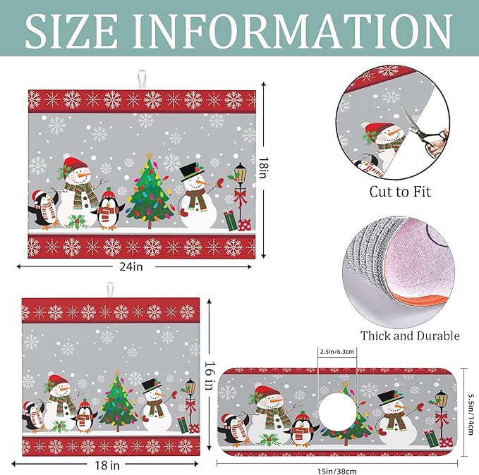 3Pcs Christmas Snowman Dish Drying Mat & Kitchen Sink Splash Guard Faucet Mat For Kitchen Counter Absorbent Microfiber Dishes Pad Dish Drainer Rack Mats Fast Dry Kitchen Accessories