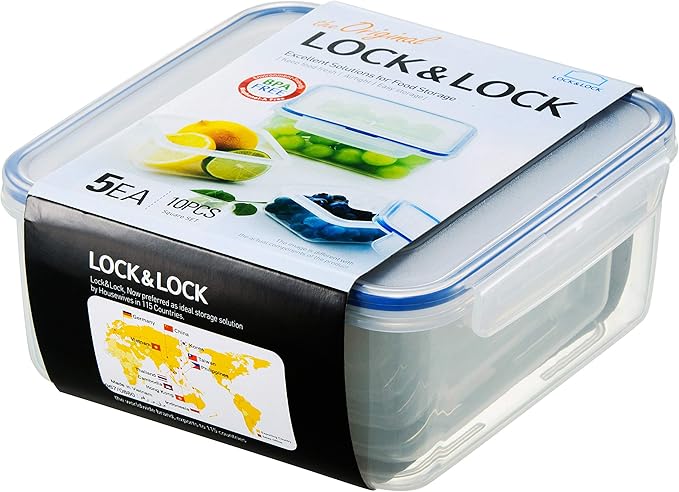 LOCK & LOCK Easy Essentials Food Storage lids/Airtight containers, BPA Free, 10 Piece - Square, Clear (Pack of 3)