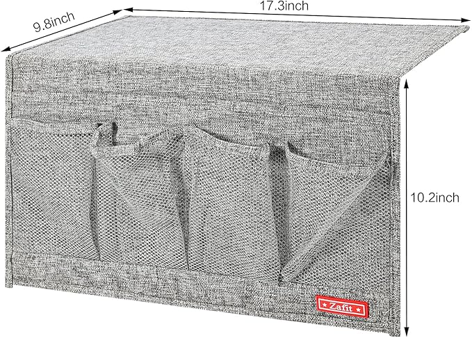 Zafit Linen 6 Pockets Bedside Caddy, Bedside Storage Organizer for Magazine, Remotes, Phone (Grey)