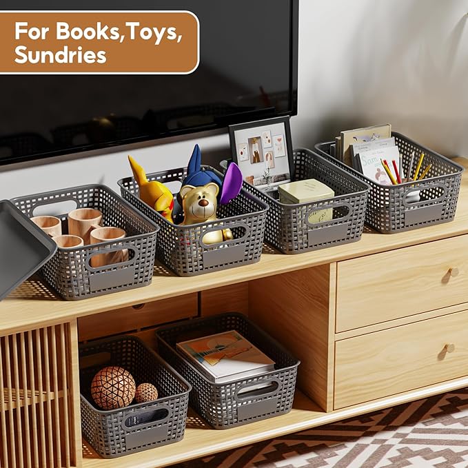 8 PCS Plastic Storage Baskets with Lids, Stackable Storage Bins with Lids & Labels for Organizing, Small Storage Bins for shelves, Office, Drawer, Cabinet & Pantry,Nursery Organization,10.2*7.2*4.1In
