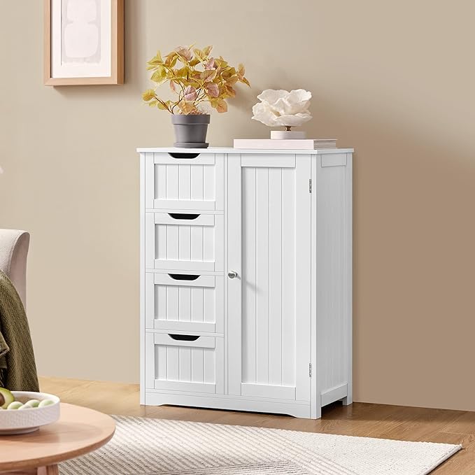 Yaheetech Large Bathroom Floor Cabinet with 4 Dawers and Single Door Cabinet, Freestanding Storage Cabinet for Living Room Kitchen Hallway, White