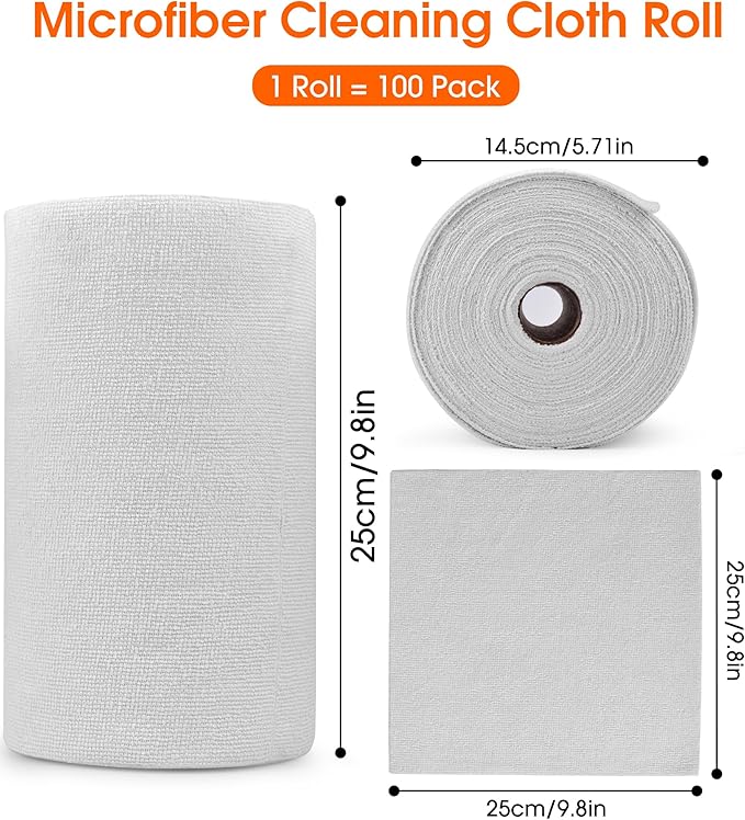 CHAUNCEY HOME Microfiber Cleaning Cloth Roll - 100 Pack Tear Away Microfiber Paper Towels, Reusable, Washable, Scratch-Free, Kitchen Towels for Car, Home, Kitchen, Glass, Dishes (Light Grey)