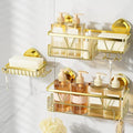 KEGII Suction Cup Shower Caddy – 3 Pack Suction Cup Shelf with Soap Holder & Hooks, Rustproof Stainless Steel Shower Organizer, Removable No Drilling Bathroom Storage Rack, Gold
