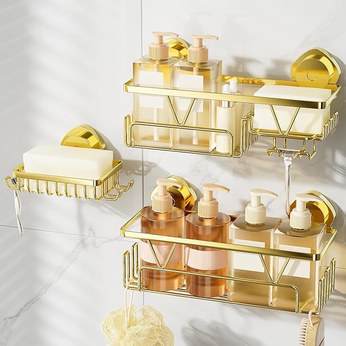 KEGII Suction Cup Shower Caddy – 3 Pack Suction Cup Shelf with Soap Holder & Hooks, Rustproof Stainless Steel Shower Organizer, Removable No Drilling Bathroom Storage Rack, Gold