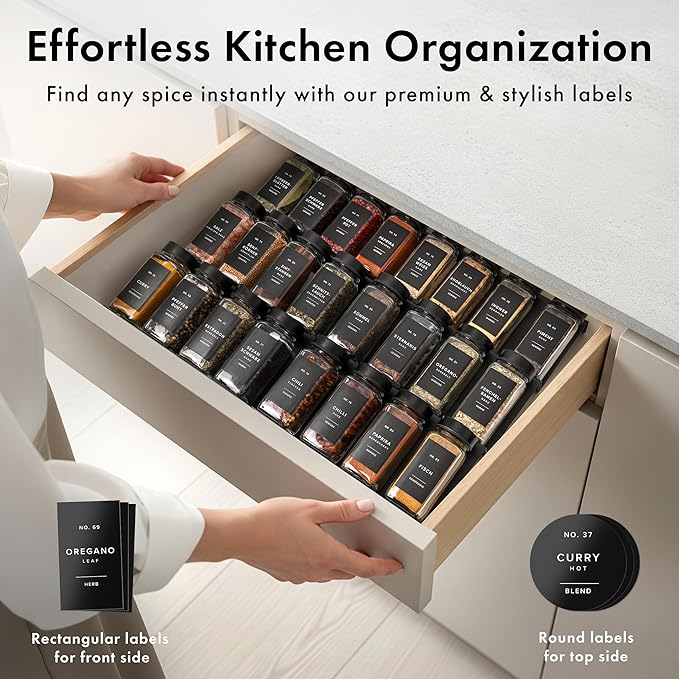 Glass Spice Jars with Label and Stainless Steel Covered/Plated Lids (24 x 4oz) Spice Containers with 240 Labels, Shaker Inserts, Steel Funnel, Empty Square Empty Square Seasoning Organizer