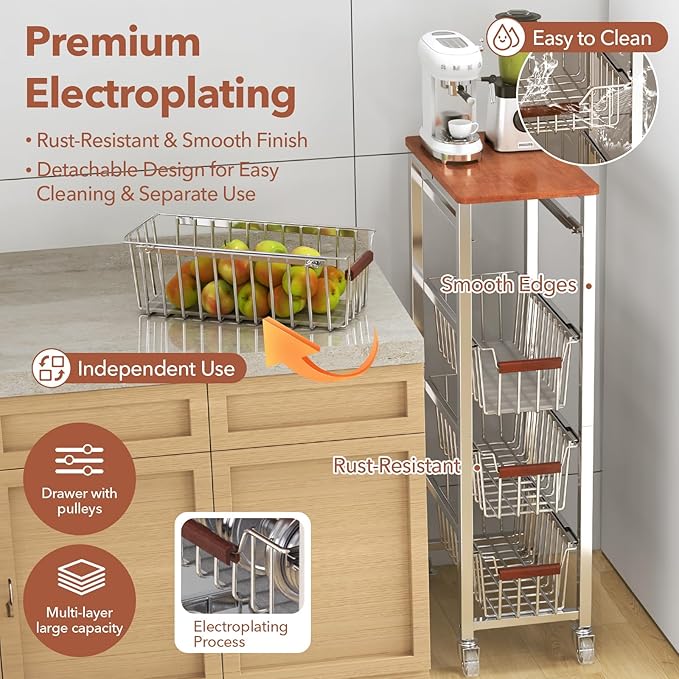 Ultra Slim 5-Tier Rolling Fruit & Vegetable Storage Cart with Removable Drawers, Narrow Metal Kitchen Organizer Cart on Wheels, Fruit Basket Stand & Fruteros para Cocina, Pantry Cart for Storage
