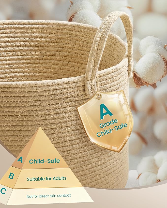 SONGMICS Laundry Hamper, Cotton Rope Laundry Basket with Handles, for Children, Toys, Clothing, Living Room, Bedroom, 15.8 Gallons, 13.8 x 13.8 x 19.7 Inches, Yellowish Brown URLH061KZ01