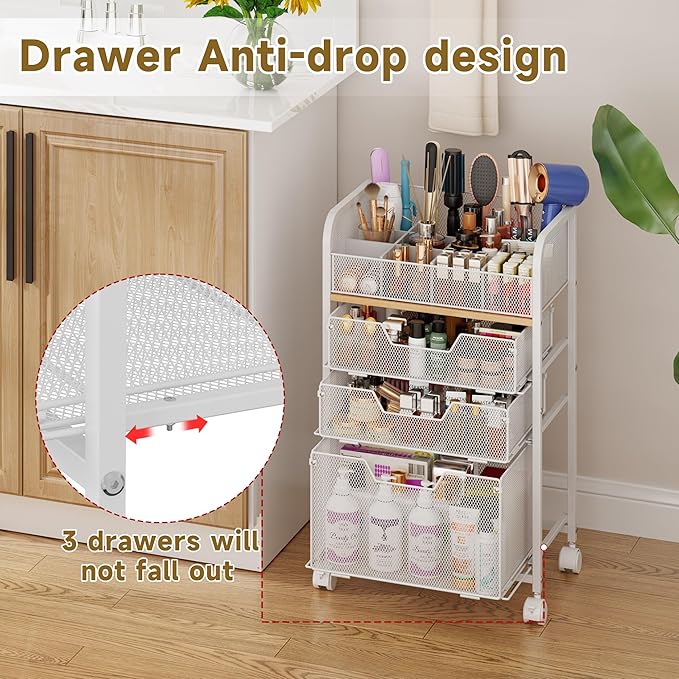 Makeup Cart Organizer with 3 Drawers,Floor Skincare Organizers with Dividers, Vanity Organizer Cosmetics Display Cases Holder for Skin Care Nail Polish Perfume Makeup brush Hair Tool,White