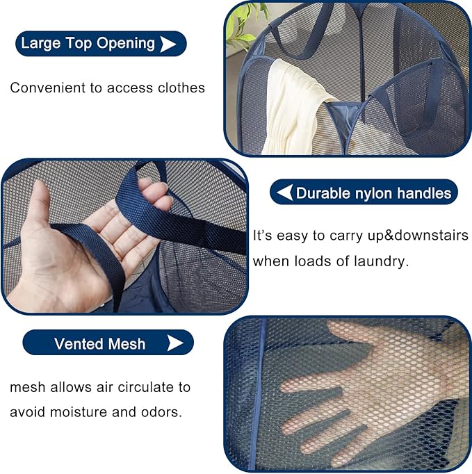 2 Pack Collapsible Pop Up Laundry Hamper, Large Capacity Mesh Laundry Basket Space Saving for Apartments, Student Dorms, Apartment (Beige+Blue)