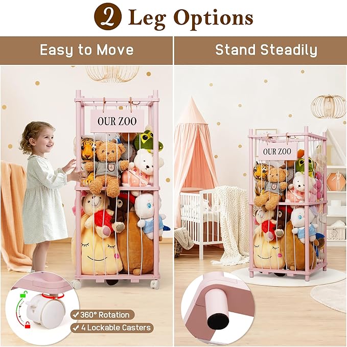 Stuffed Animal Storage Zoo, Wooden Stuffed Animal Organizer with Removable Wheels & 5-Row Elastic Cords, Space-Saving Plush Toy Storage Holder for Playroom, Bedroom, Nursery