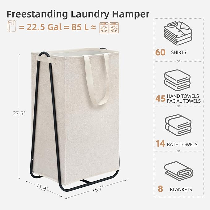 STORAGE MANIAC Laundry Hamper with Metal Rack, Large Laundry Basket with Triangle Frame, Collapsible Dirty Clothes Hamper with Handles for Dorm, College, Small Space, Closet, Bedroom, Beige