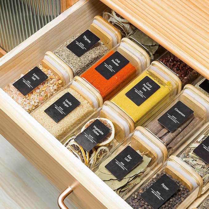 ComSaf 12Pcs Glass Spice Jars with Bamboo Lid, 8oz Airtight Square Containers with 275 Black Lables, Empty Seasoning Jars for Spice Salt Sugar