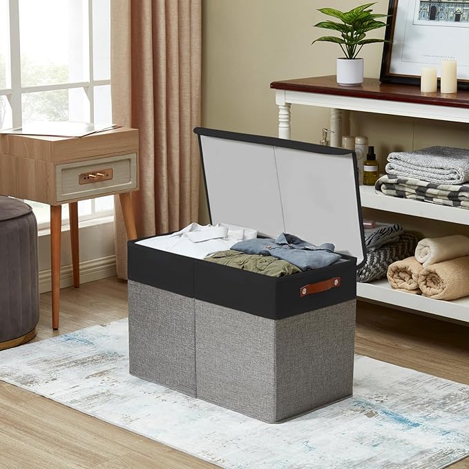 Large Toy Storage Box with Lids, Collapsible Sturdy Baby Storage Organizer Chest Bin Basket for Kids, Boys, Girls, Playroom, Nursery, Bedroom, Closet 25"x13"x16" (Gray and Black)