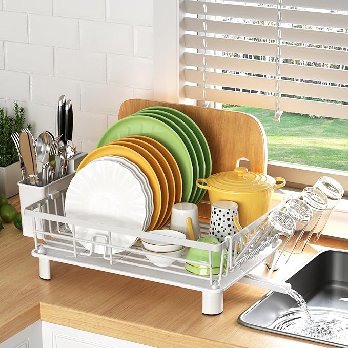 Dish Drying Rack, Dish Racks for Kitchen Counter, Detachable Dish Drainer with Drainboard, Utensil Holder, Cup Holder, Space Saving Kitchen Drying Rack for Small Home and Appartment, White