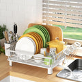 Dish Drying Rack, Dish Racks for Kitchen Counter, Detachable Dish Drainer with Drainboard, Utensil Holder, Cup Holder, Space Saving Kitchen Drying Rack for Small Home and Appartment, White