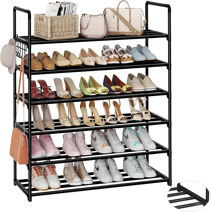 HOMICKER Metal Shoe Organizer,6 Tiers Shoe Storage Shoe Rack with Hooks,Fit 24-30 Pairs,Adjustable Shoe Shelf for Entryway,Hallway,Bedroom,Metal Bottom Support