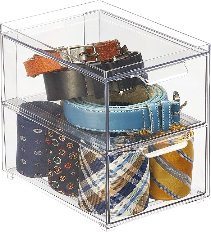 mDesign Stackable Storage Containers Box with 2 Pull-Out Drawers - Stacking Plastic Drawer Bins for Closet Organization, Linen, Coat, Bedroom or Entryway Closets - Lumiere Collection - 4 Pack, Clear
