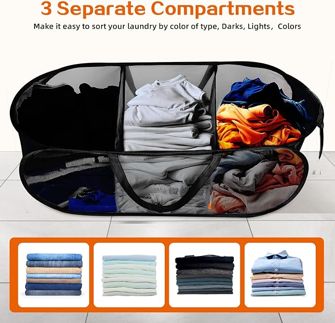 Foldable Laundry Baskets, Collapsible Mesh Laundry Hamper, Durable Pop Up Laundry Basket, 3 Compartments Clothes Hampers for Laundry, Easy to Carry & Sort for Dorm, Home, Kids Room, Travel Black