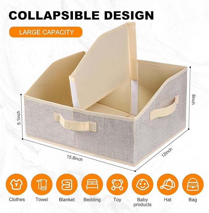Closet Storage Bins 6 Pack, Large Closet Organizer Baskets with Divider & Handles,Trapezoid Fabric Shelf Organizers, Collapsible Storage Cubes for Clothes, Towels, Toys - Beige