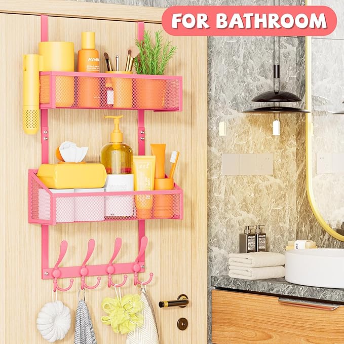 Kaiferty Over The Door Hooks Organizer, Coat Rack Over The Door Storage Hanger Towel Rack, Back of Door Storage Organizer for Bathroom,Bedroom,Kitchen,Office (Pink, 3-Tier)