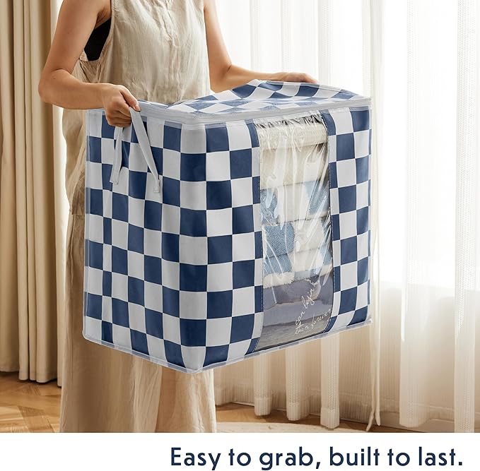 Navy Blue Checkered Clothes Storage Bins, 100L Large Blanket Storage Bags 3 Pack, Closet Organizers and Storage Containers for Comforters, Bedding, Foldable Organizer with Handle