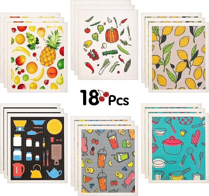 18 Pcs Swedish Kitchen Dish Towels - Absorbent Dish Cloths, Quick Drying, Washable Cleaning Wipes, No Odor Hand Towel (Fruits)