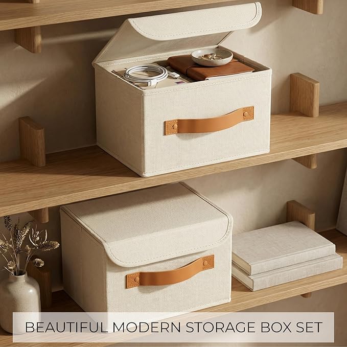 Decorative Linen Storage Boxes with Lids - Spacious Set of 2 Organizer Bins for Your Home Decor - The Perfect Small Container to Safely Store Photos, Documents and Memory Box Keepsakes in Style