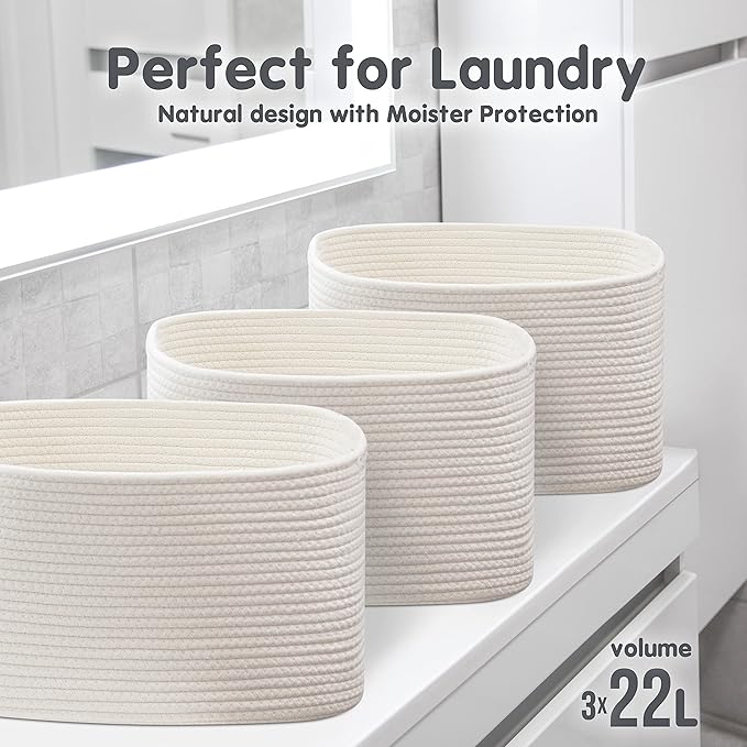 CHAT BLANC Cotton Rope Baskets for Organizing | Storage Baskets for Shelves | Rope Basket for Storage, Small Laundry Baskets, Woven Baskets for Storage, Dog Toy Bin, Baby Basket, Creamy White 3 Pack