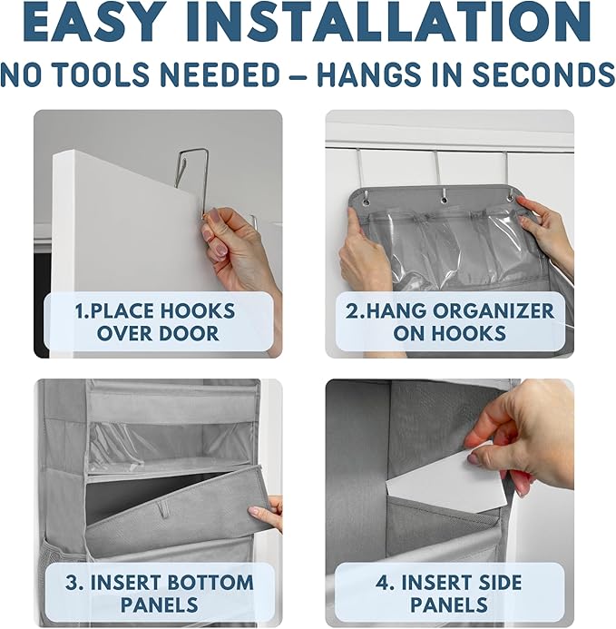 Over The Door Organizer Hanging with 5 Large & 6 Side Pockets 5 Tier Behind Door Storage 50 lbs for Closet, Nursery, Bathroom Door Organizer, 1 Pack, Grey