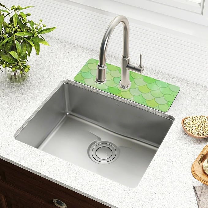 Kitchen Sink Splash Guard 1 PC 14.7 Inch Sink Faucet Mat Splash Guard for Bathroom Countertop Water Absorbent Foldable Cuttable Soft Washable Green Fish Scale