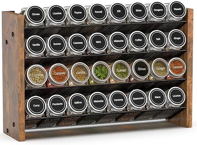 NESAPTO Spice Rack Organizer for Cabinet, Wooden 4 Tier Vertical Seasoning Organizers for Kitchen Pantry, Countertop/Wall Mount, Holds 32 Spice Jars (No Jars Included), 15.7" W × 9.4" H
