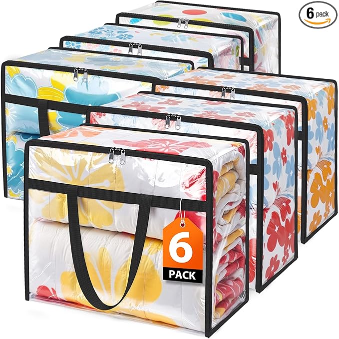 Clear Clothes Storage Bags, 6 Pack Closet Organizers and Under Bed Storage Containers, Foldable Moving Bags with Zippers for Comforter, Blanket, Bedding, Duvet, PVC Packing Bags 60L