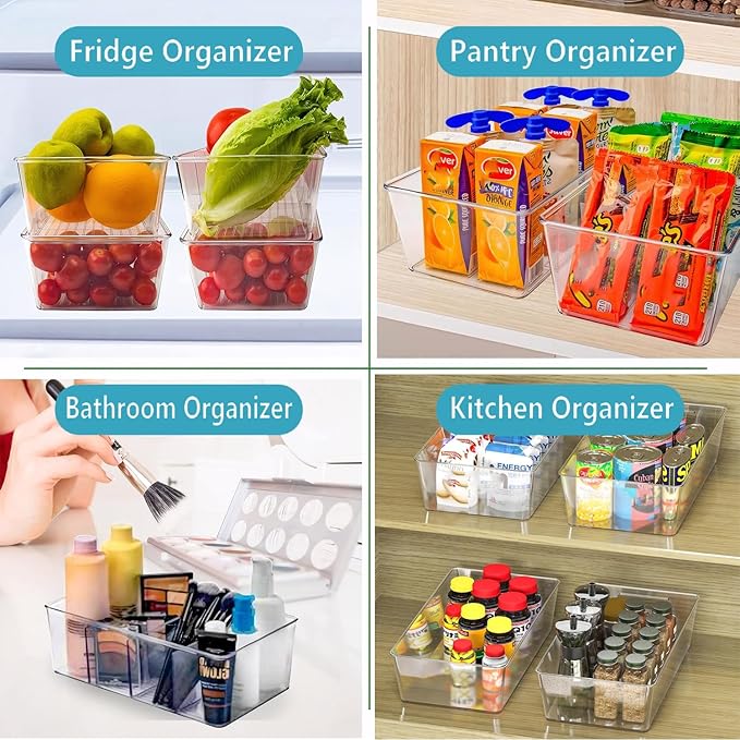 Set of 8 Pantry Organizers,2 Kinds Size Clear Plastic Organizer Bins for Kitchen,Fridge,Drawer Organization and Storage,4 compartment Snack Containers for Spice Packets,Tea bag