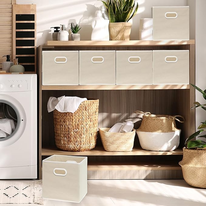Simple Houseware Foldable Cube Storage Bins with Handles, 11-Inch, Beige, 6-Pack, Fabric Cubes Organizer for Closet or Shelves