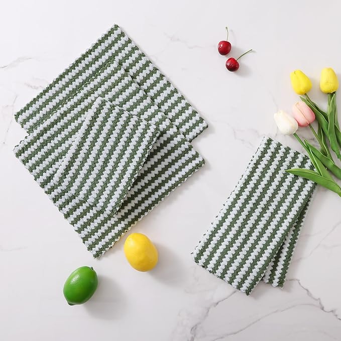 Homaxy 24 Pack Kitchen Dish Cloths, Ultra Soft and Absorbent Dish Towels, Reusable Fast Drying Microfiber Cleaning Cloth, Coral Velvet Wave Design No-lint, 10 x 10 inches, Grass Green