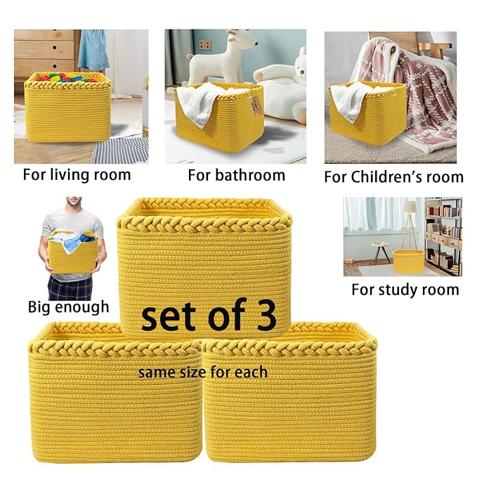 COMFY-HOMI 3Pack Small Woven Cotton Rope Basket for Organizing, Gift Baskets for Handles, Empty Gift Baskets, Medium Rope Basket|13.5" x 11" x 9.5" home decor for Living Room, Bathroom