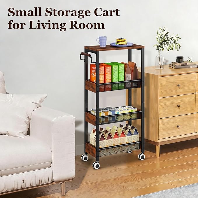 4 Tier Slim Rolling Cart with Wheels for Kitchen, Utility Narrow Storage Cart with Wood Top& Wood Handle for Small Space, Skinny Metal Organization Trolley Laundry Slim Storage Cart 7.9"