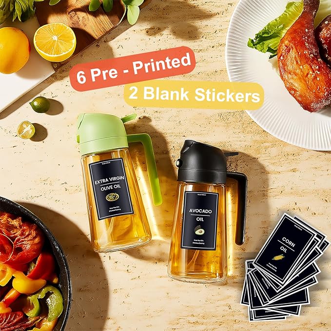 CXINYI - 16oz/470ml Olive Oil Dispenser for Kitchen with Stickers - 2 in 1 Olive Oil Sprayer for Cooking, Air Fryer, and Salad, Black&Blue (Light-Proof Kitchen Gadget)