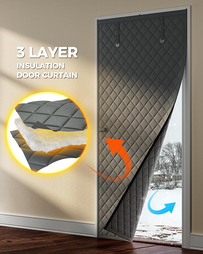 Thermal Insulated Door Curtain Fits Door Size 30 x 80 Inch, Oxford Cloth Thicken Cotton Filled, Curtain Size 33" x 82", Single Piece Door Insulation Blanket Cover for Cold in Winter, Grey