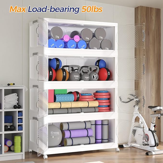 960QT Extra Large Stackable Storage Bins with Lid, 240Gal Plastic Closet Organizers and Storage Drawer, Collapsible Cabinet Box with Wheels Clear Doors for Home Kitchen Office, 6Pack White