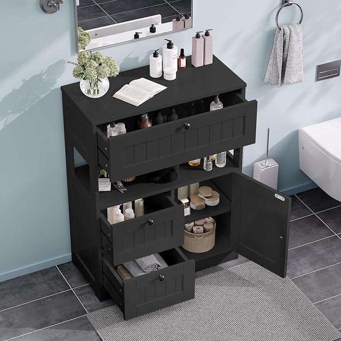 Storage Cabinet, Modern Bathroom Floor Storage Cabinet Organizer with 1 Door and 3 Drawers, Freestanding Cupboard for Kitchen/Living Room Use