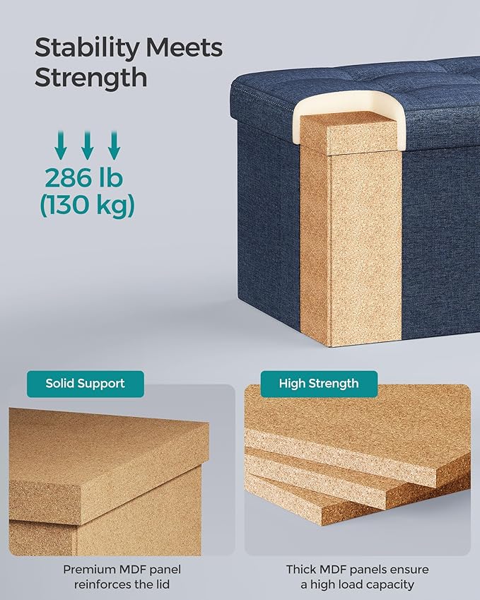 SONGMICS Mazie Collection - Small Folding Storage Ottoman, Foot Rest Stool, 12.2 x 16.1 x 12.2 Inches, 286 lb Load Capacity, for Living Room, Bedroom, Home Office, Dorm, Midnight Blue ULSF102Q02
