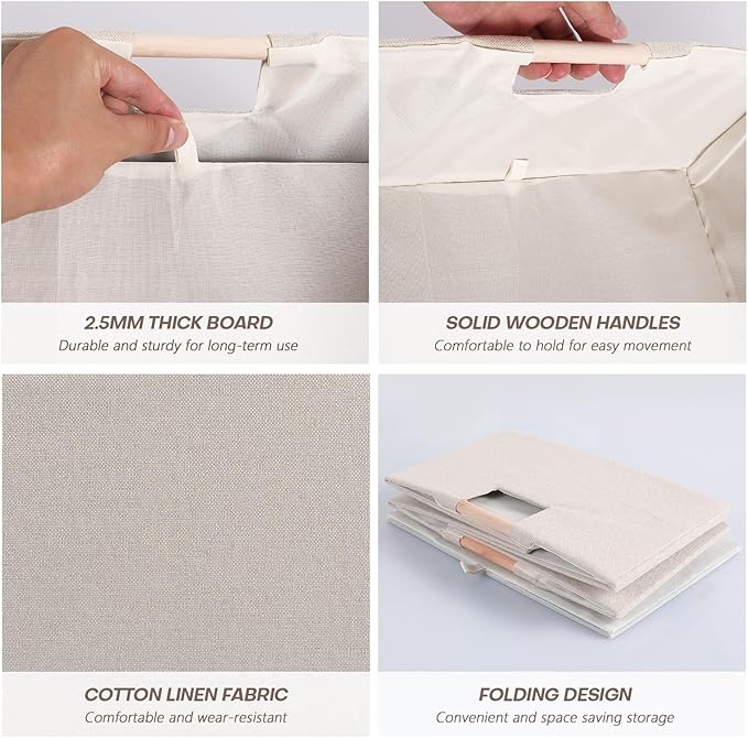 Fabric Storage Bin Box Foldable Cotton Linen Storage Basket with Wooden Handles Rectangular Cube Decorative Home Laundry Organizer Clothes Blanket Container – Beige, Medium
