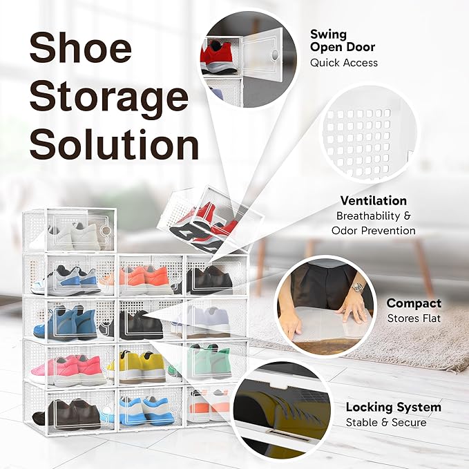 Reli. Shoe Boxes (14 Pack) | Clear Shoe Storage Boxes Stackable and Compact | Lightweight Plastic Storage Box with Ventilation Holes, Swing Door | Interlocking Containers, Stackable Rack | White