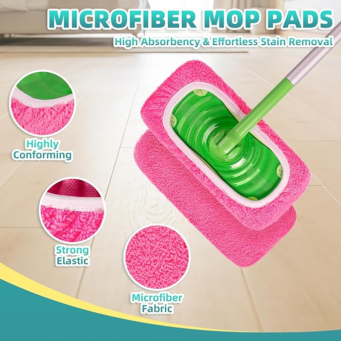 6 Pack Reusable Mop Pads Compatible with Swiffer Sweeper Mop, Washable Wet Pads Refill, Dry Sweeping Cloths, Microfiber Pads for Mopping Floors (Green, Pink)