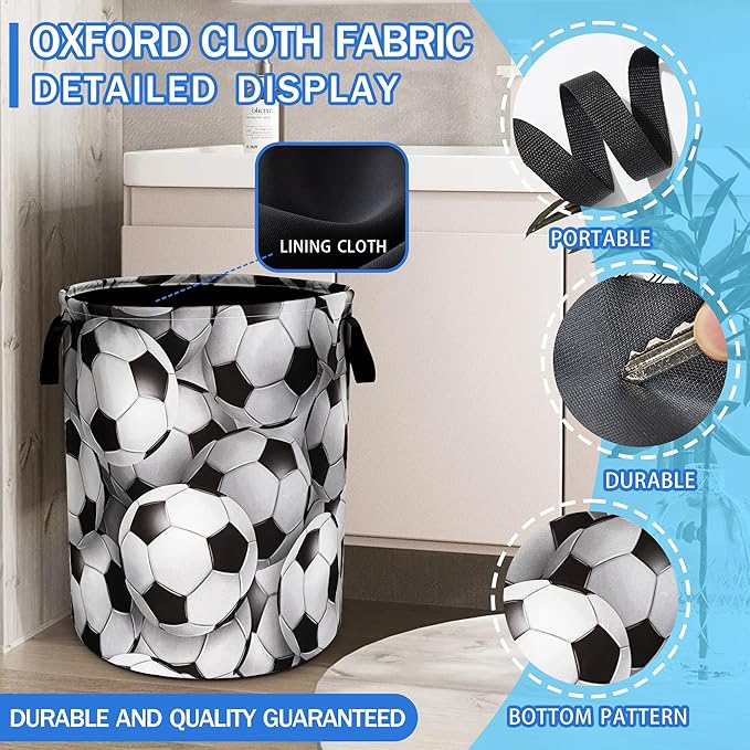 Soccer Ball Laundry Basket Oxford Cloth Funny Ball Laundry Hamper With Handle Foldable Portable Clothes Storage Basket 18.9 X 16.5 In Storage Bag For Laundry Room/Bathroom/Bedroom/Dormitories