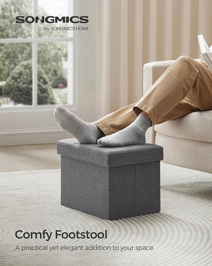 SONGMICS Mazie Collection - Small Folding Storage Ottoman, Foot Rest Stool, 12.2 x 16.1 x 12.2 Inches, 286 lb Load Capacity, for Living Room, Bedroom, Home Office, Dorm, Dark Gray ULSF102G01